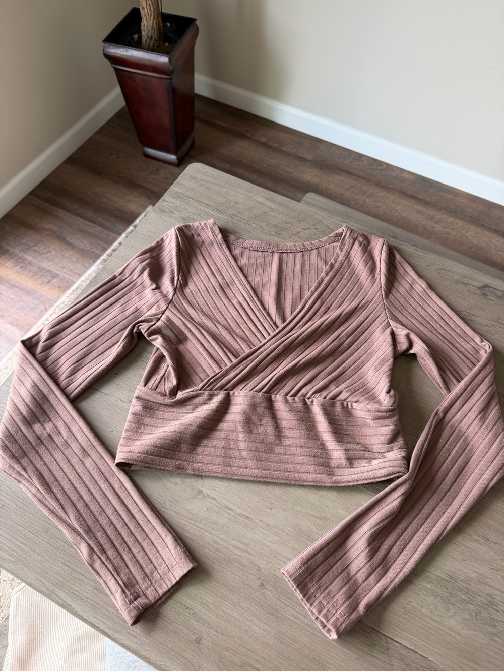 Ribbed Wrap-Front Long Sleeve Top - Dusty Rose